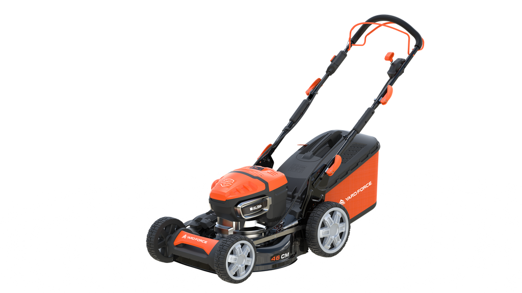 Yard Force 58V Kosiarka akumulatorowa LFP LM P46A – Zintegrowany akumulator 8,6 Ah, moc silnika benzynowego 196 cm3 (12,2 Nm), szerokość koszenia 46 cm, czas pracy 2 godz., ekstremalnie bezpieczna i trwała