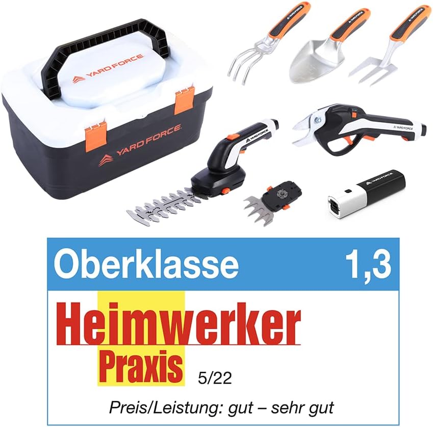 Yard Force VITA 6-in-1 Accu-tuingereedschap set (4V / 4Ah) – Urban Gardening Koffer met elektrische takkenschaar, grasschaar & premium handgereedschap