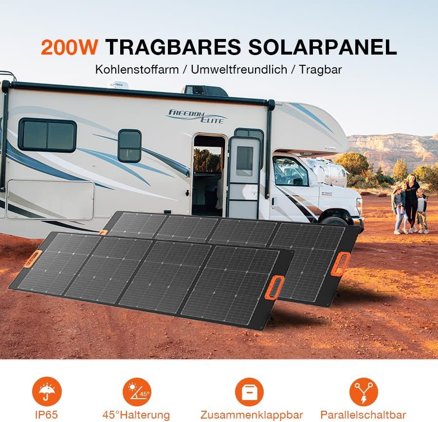Yard Force LX SPP20 Faltbares Solarmodul 200W – Tragbares, wasserdichtes Solarpanel (23,5 % Effizienz) mit PD 65W, QC 3.0 & DC-Ausgang für Powerstations