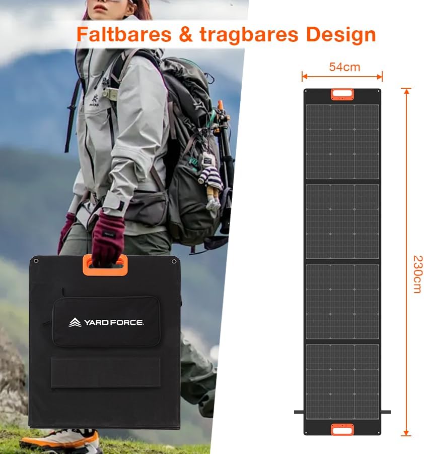 Yard Force LX SPP20 Faltbares Solarmodul 200W – Tragbares, wasserdichtes Solarpanel (23,5 % Effizienz) mit PD 65W, QC 3.0 & DC-Ausgang für Powerstations