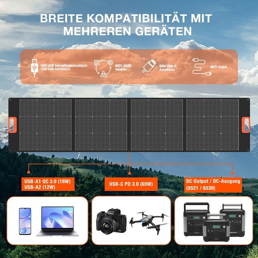 Yard Force LX SPP20 Faltbares Solarmodul 200W – Tragbares, wasserdichtes Solarpanel (23,5 % Effizienz) mit PD 65W, QC 3.0 & DC-Ausgang für Powerstations