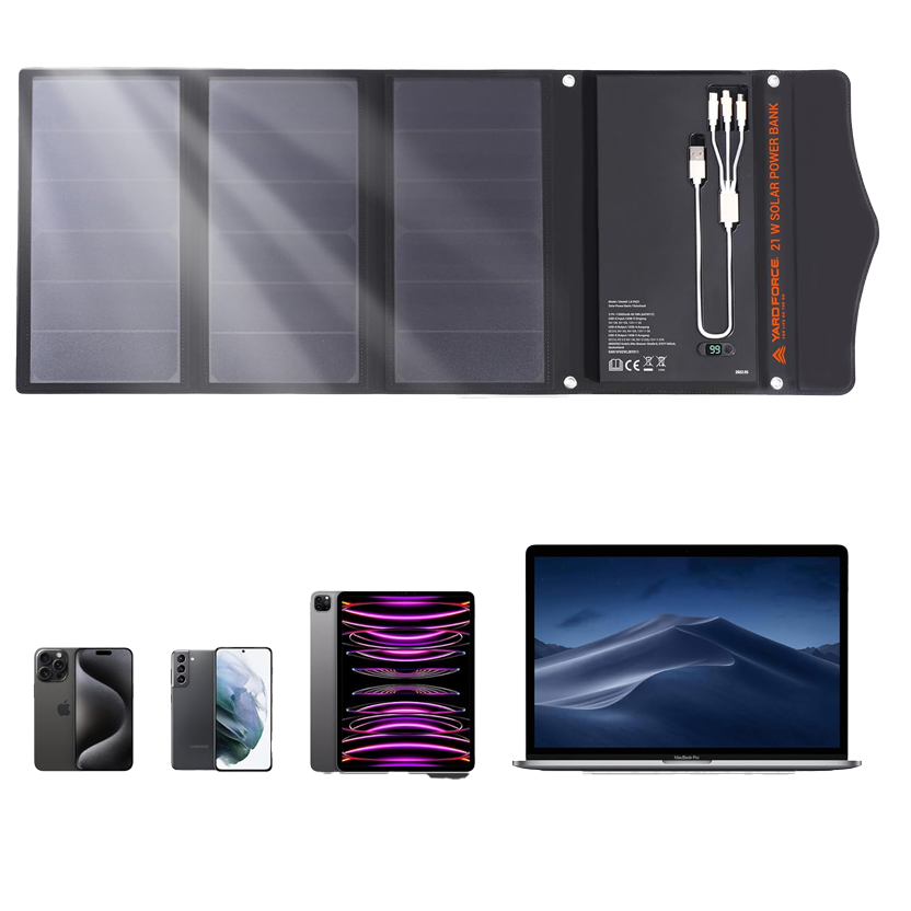 Yard Force LX PB21 Zonne-powerbank (13.000 mAh, 21W opvouwbaar paneel) – Red Dot Award Winnaar, Hybride Outdoor-oplader met PD 18W & QC 3.0 Fast Charge