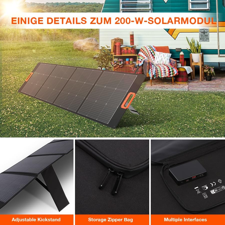 Yard Force LX SPP20 Faltbares Solarmodul 200W – Tragbares, wasserdichtes Solarpanel (23,5 % Effizienz) mit PD 65W, QC 3.0 & DC-Ausgang für Powerstations