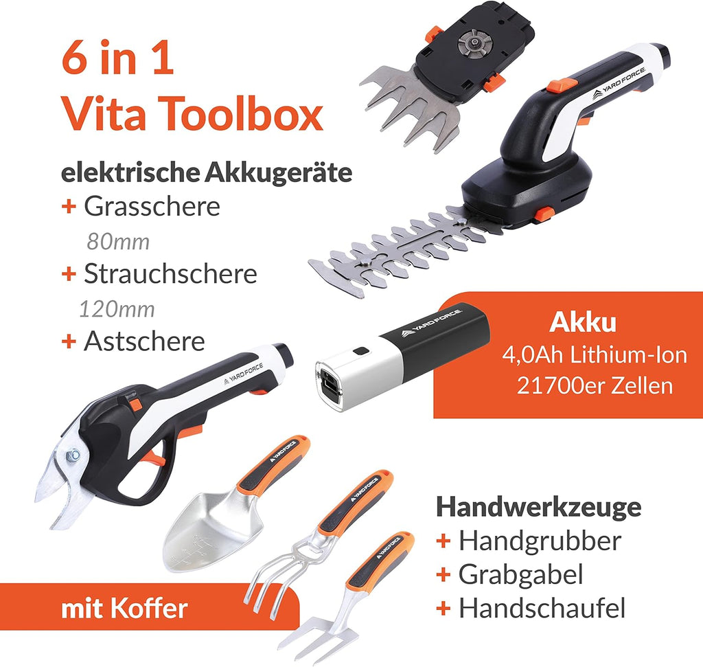 Yard Force VITA 6-in-1 Accu-tuingereedschap set (4V / 4Ah) – Urban Gardening Koffer met elektrische takkenschaar, grasschaar & premium handgereedschap