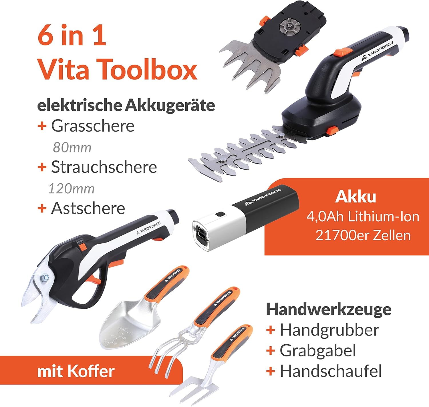 Yard Force VITA 6-in-1 Accu-tuingereedschap set (4V / 4Ah) – Urban Gardening Koffer met elektrische takkenschaar, grasschaar & premium handgereedschap