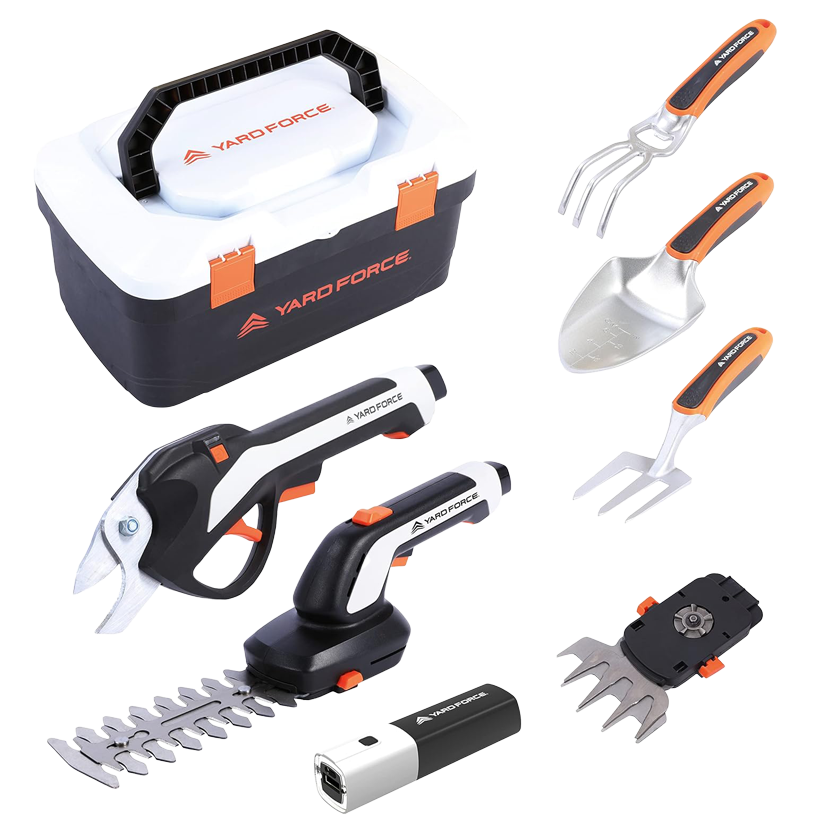 Yard Force VITA 6-in-1 Accu-tuingereedschap set (4V / 4Ah) – Urban Gardening Koffer met elektrische takkenschaar, grasschaar & premium handgereedschap