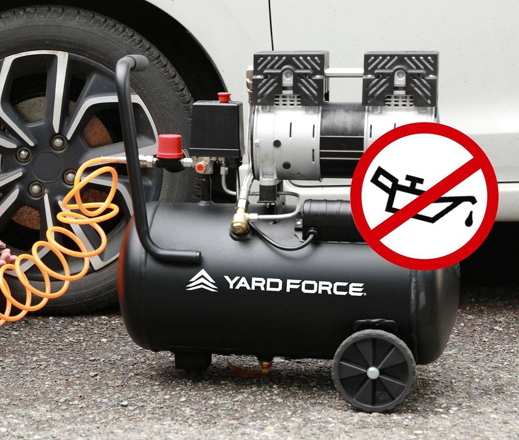 Yard Force EX ARC24 Stille Compressor (24 L, 8 bar, 750 W) – Fluisterstille, olievrije compressor (67 dB) met drukregelaar & wielen