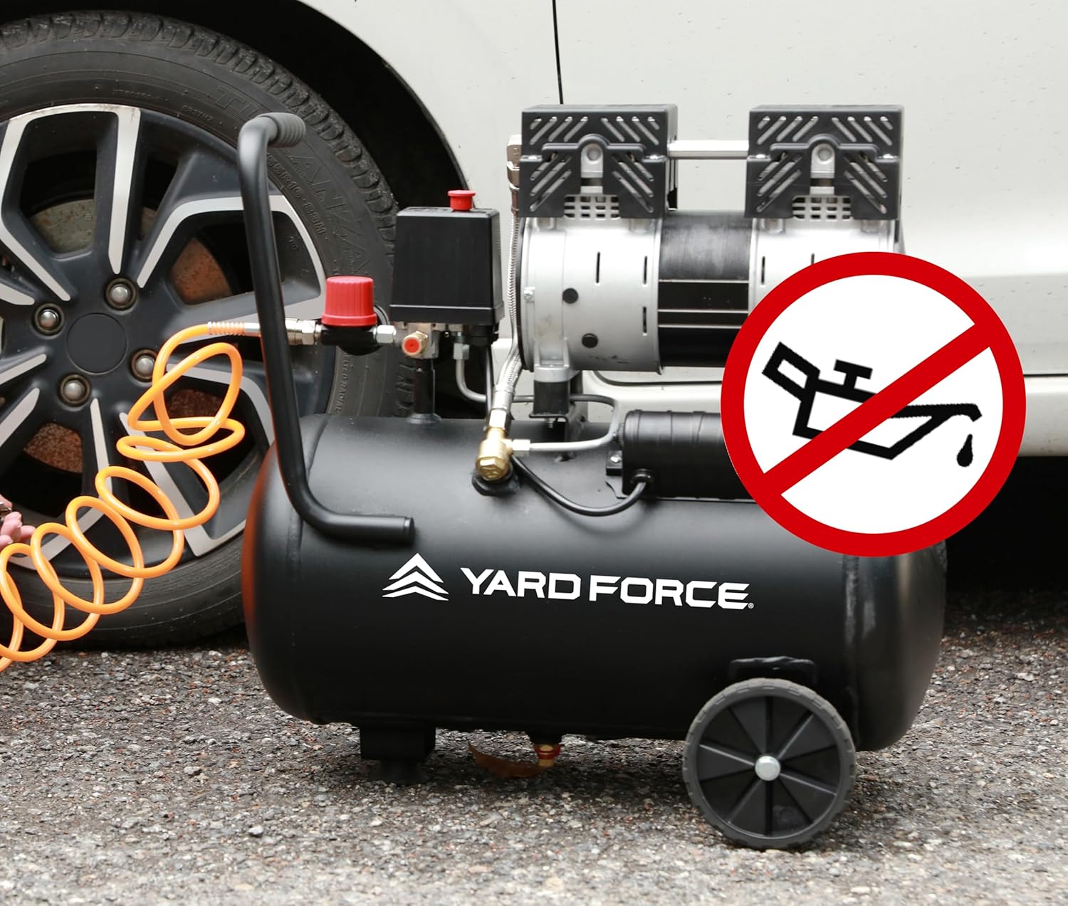 Yard Force EX ARC24 Stille Compressor (24 L, 8 bar, 750 W) – Fluisterstille, olievrije compressor (67 dB) met drukregelaar & wielen