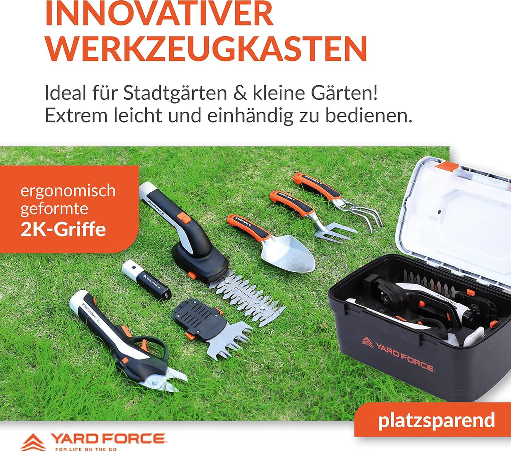 Yard Force VITA 6-in-1 Accu-tuingereedschap set (4V / 4Ah) – Urban Gardening Koffer met elektrische takkenschaar, grasschaar & premium handgereedschap