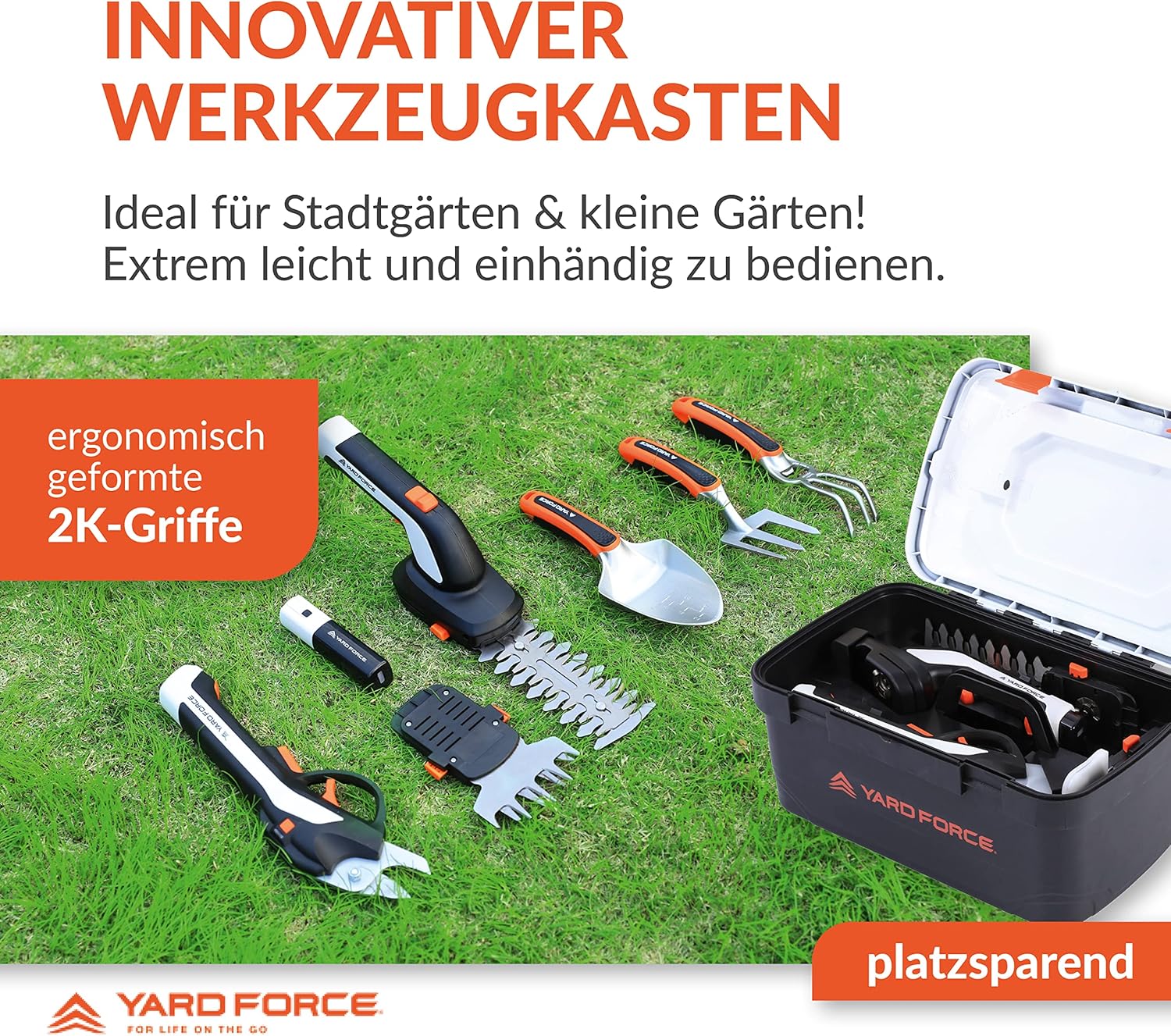 Yard Force VITA 6-in-1 Accu-tuingereedschap set (4V / 4Ah) – Urban Gardening Koffer met elektrische takkenschaar, grasschaar & premium handgereedschap
