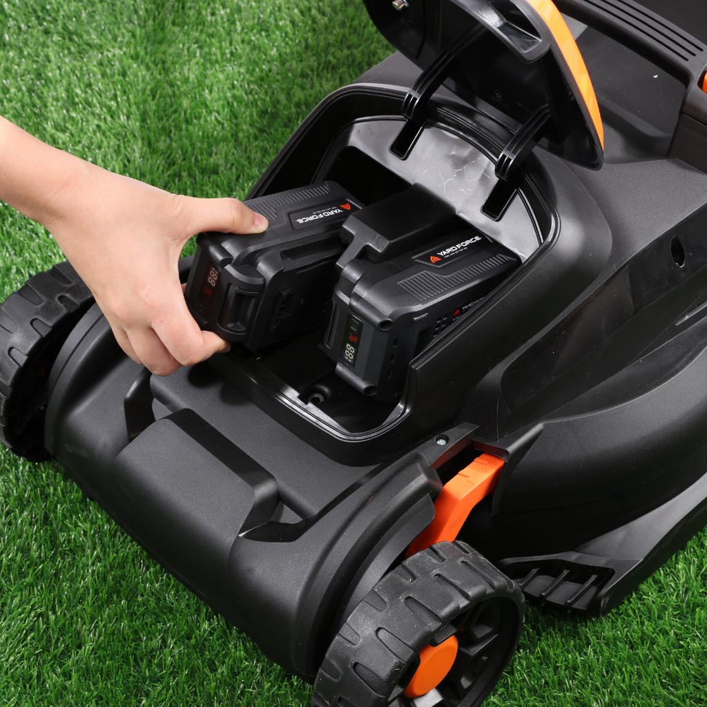 Yard Force 20V Akku-Rasenmäher LM C37B – 37 cm Schnittbreite, inkl. 2x 20V 4,0 Ah Akkus & Torque-Boost Technologie, 40L Fangkorb mit Mulchfunktion