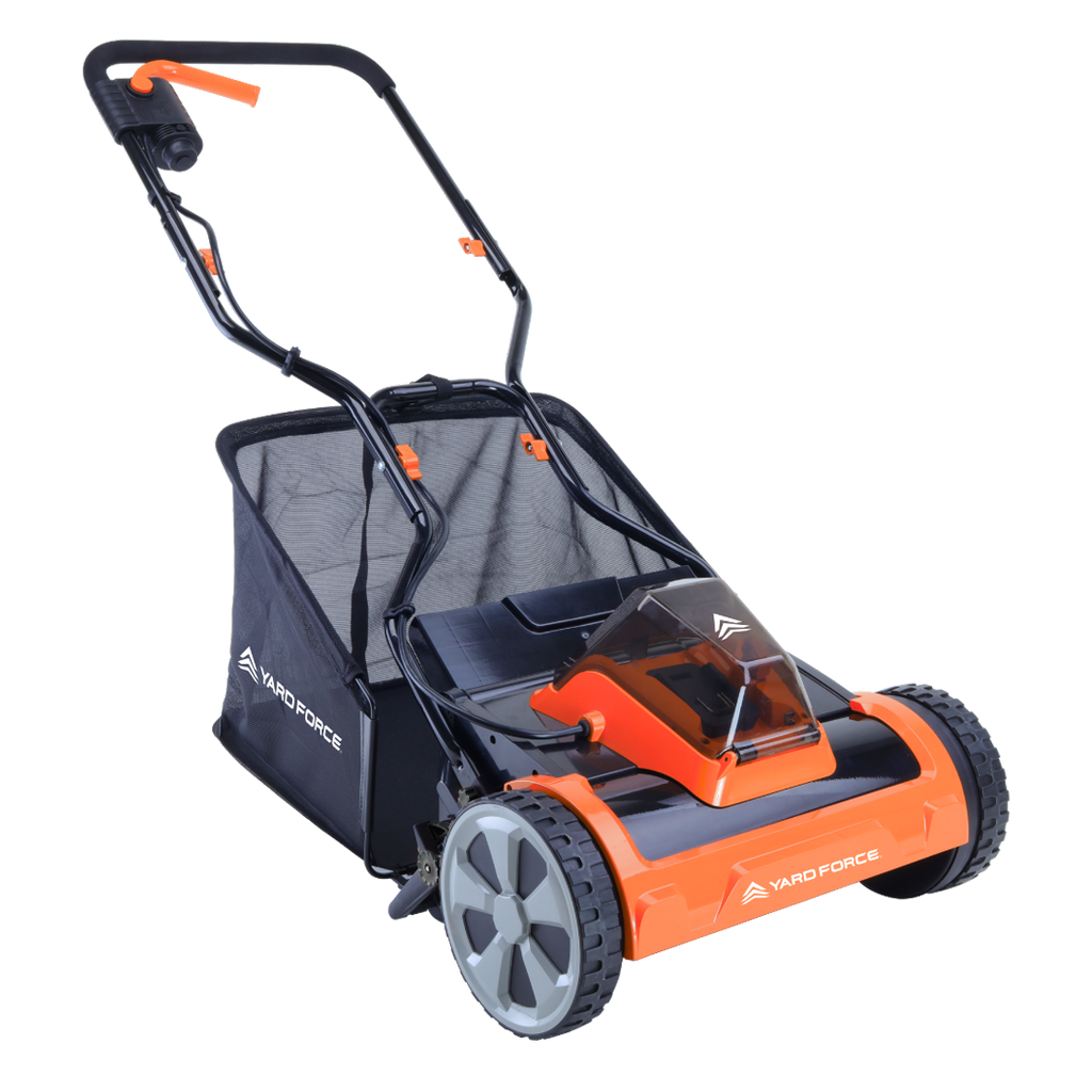 Yard Force 20V Akumulatorowa kosiarka wrzecionowa LM C38A – szerokość koszenia 38 cm, w zestawie akumulator 20V 4,0 Ah i szybka ładowarka, 5-nożowe wrzeciono z tylnym wałem, kosz na trawę 45L