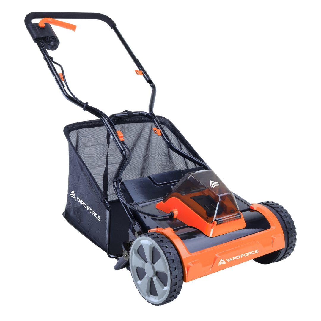 Yard Force 20V Akumulatorowa kosiarka wrzecionowa LM C38A – szerokość koszenia 38 cm, w zestawie akumulator 20V 4,0 Ah i szybka ładowarka, 5-nożowe wrzeciono z tylnym wałem, kosz na trawę 45L