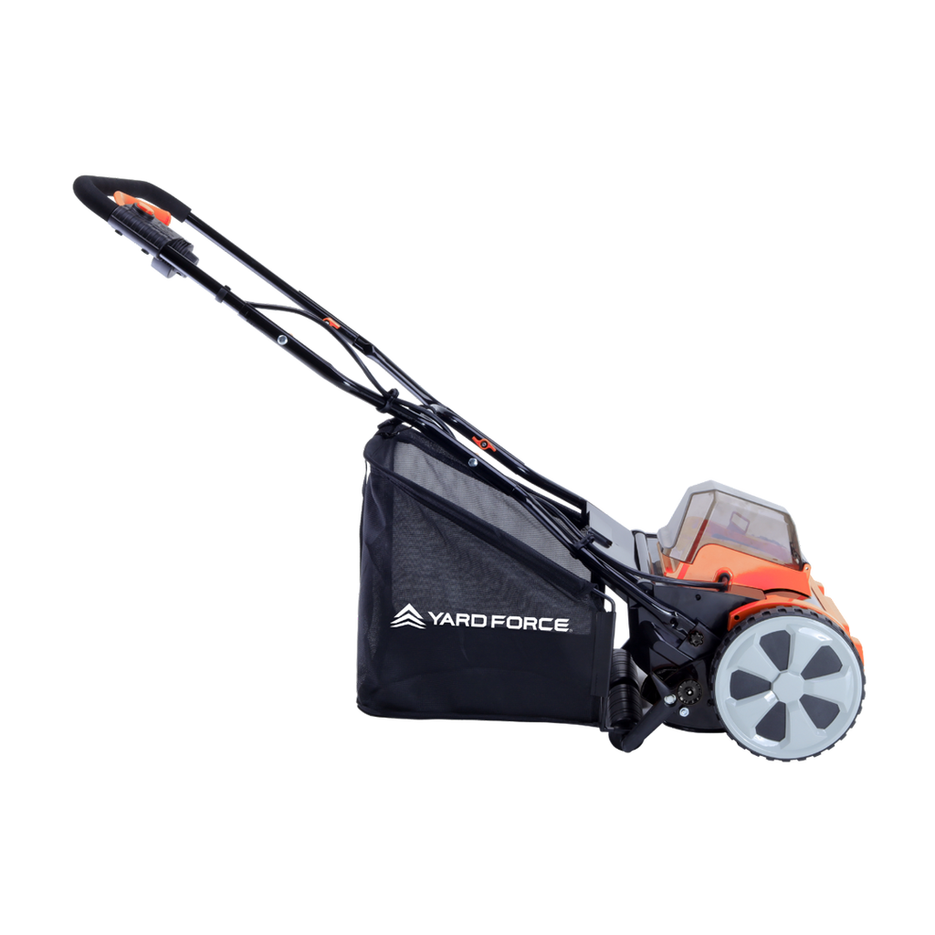 Yard Force 20V Akumulatorowa kosiarka wrzecionowa LM C38A – szerokość koszenia 38 cm, w zestawie akumulator 20V 4,0 Ah i szybka ładowarka, 5-nożowe wrzeciono z tylnym wałem, kosz na trawę 45L