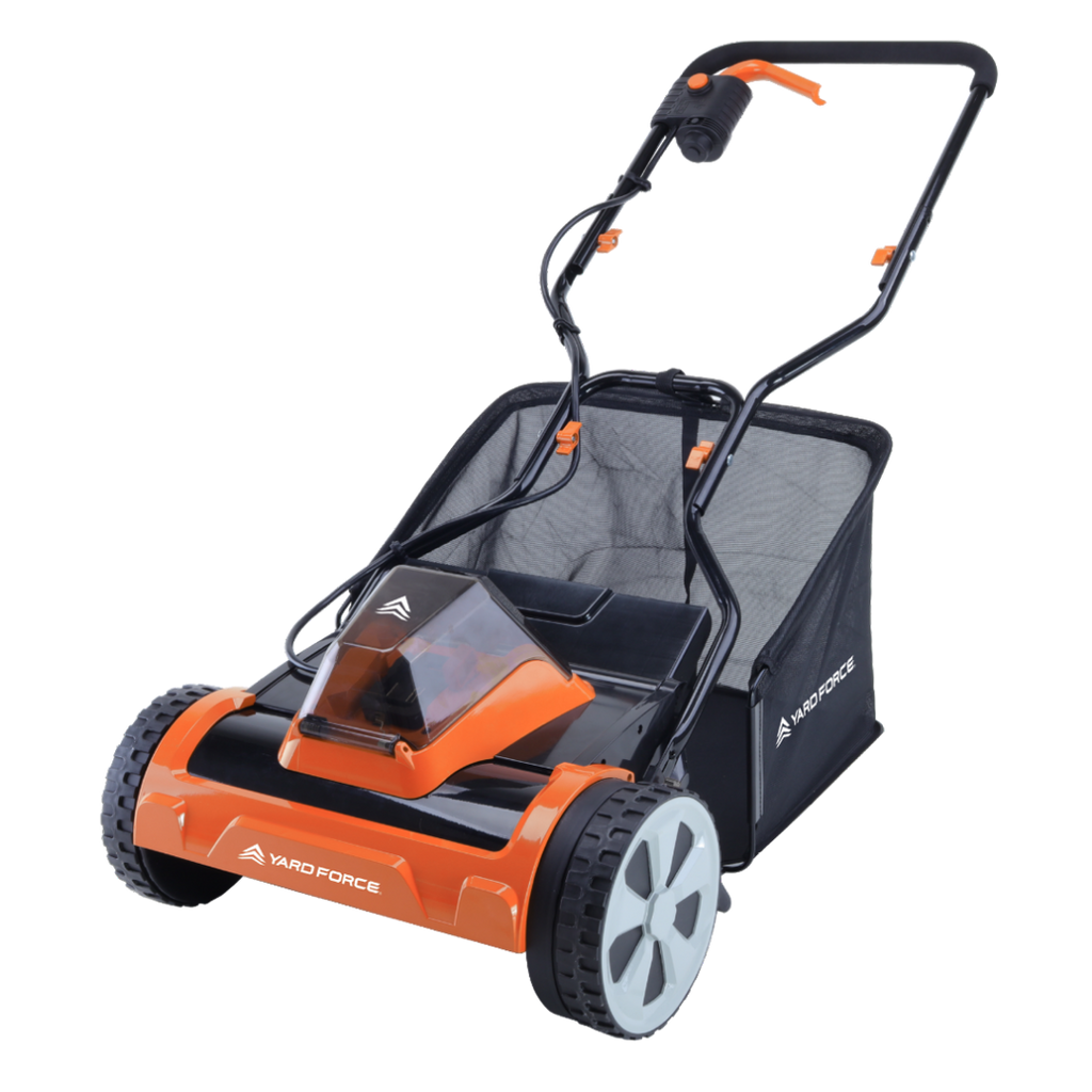 Yard Force 20V Akumulatorowa kosiarka wrzecionowa LM C38A – szerokość koszenia 38 cm, w zestawie akumulator 20V 4,0 Ah i szybka ładowarka, 5-nożowe wrzeciono z tylnym wałem, kosz na trawę 45L