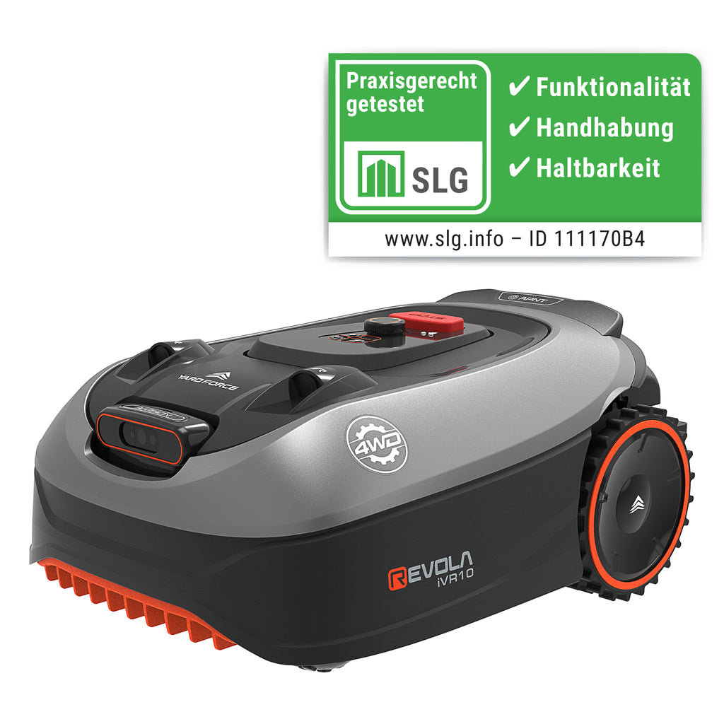 Yard Force 20V Allrad-Mähroboter Revola iVR10 – 4WD, Ohne Begrenzungskabel (RTK+VSLAM), für bis zu 1000 m², 70 % Steigung, 4G/WLAN/Bluetooth